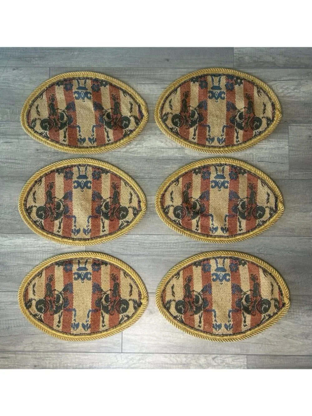 Set 6 Equestrian Horse Tapestry Oval Placemats Gold Cord English Country Vintage